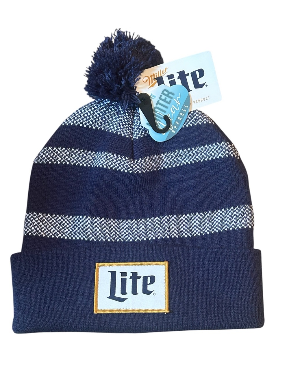 New Miller Lite Pom Beanie Hat Navy Blue White Striped Winter Knit Cap NWT